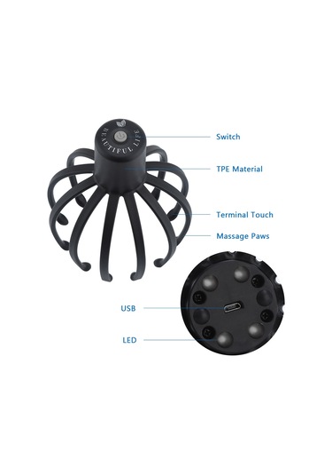 Butu Elektrikli Saç Derisi Masaj Aleti Çok Pençeli Titreşimli Stres Giderici Uyarıcı Saç Kaşıyıcı Siyah