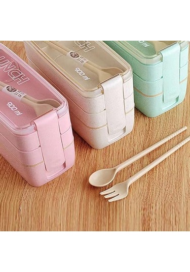Xurunkeji Taşınabilir Bento Kutusu, 3 Katmanlı Öğle Yemeği Kutusu, 900 Ml Buğday Samanı Yemek Takımı Gıda Saklama Kabı Yeşil Yeşil