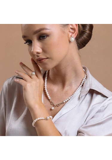 Taşlı Doğal İnci Kolye Bileklik Yüzük Küpe Dörtlü Set - 13