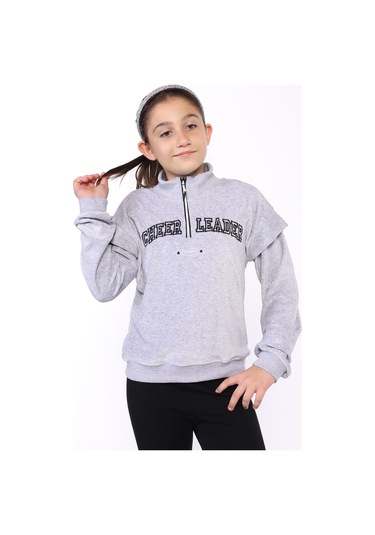 Toontoy Kız Çocuk Fermuar Detaylı Nakışlı Kadife Sweatshirt Gri Melanj
