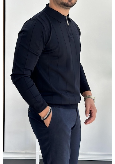 Erkek Yarım Fermuarlı Polo Yaka Mevsimlik Kazak Lacivert Edw195 Lacivert