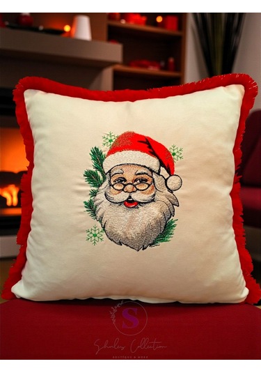 Noel Baba Nakışlı Fırfırlı Buldan Keteni Yastık Kılıfı 43 X 43 1 Adet Dolgusuz Çok Renkli