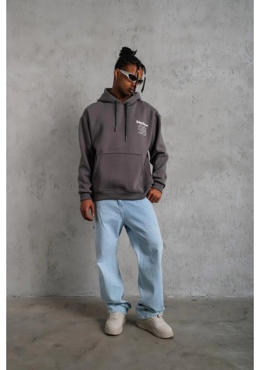 Erkek 3 İplik Pamuklu Kapüşonlu Baskılı Cepli Oversize Sweatshirt Hoodie - Gri