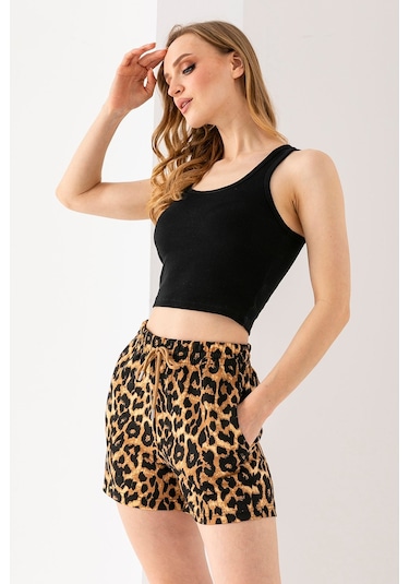 Giysa Kadın Beli Ayarlanabilir Çift Cepli Desenli Şort Leopar - 10047 Leopar