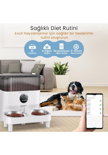Petfit Catmax Pro Plus 5l Wi-fi Kameralı Çift Kase Akıllı Otomatik Kedi Köpek Mama Kabı Besleme Ünitesi Sesli Komut+çelik Kase+app Kontrol