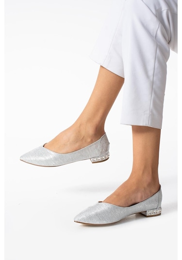 Kadın Gümüş Topuk Taş Detaylı Babet Gumus