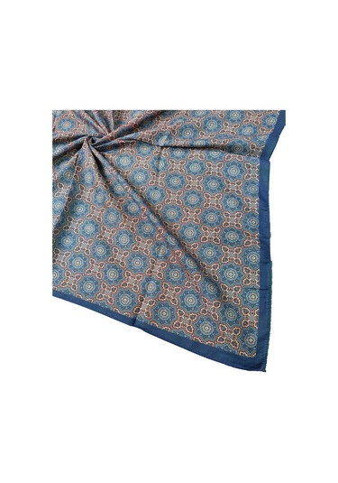 Ebruli Pamuklu Etnik Desenli Soft Eşarp 90x90 Cm Petrol Mavi