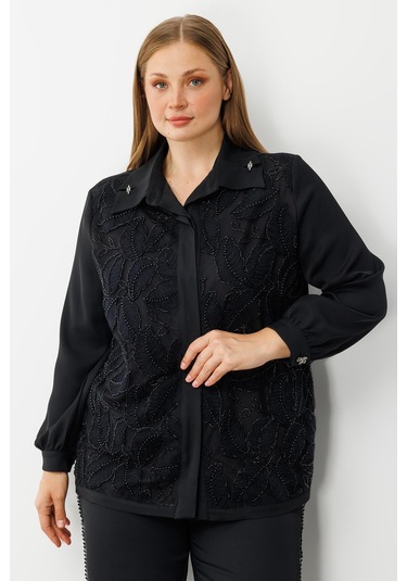 Moda İlgi Kadın Büyük Beden Yaprak Desenli Boncuk Detaylı Takma Kol Gömlek 0052 Siyah Siyah