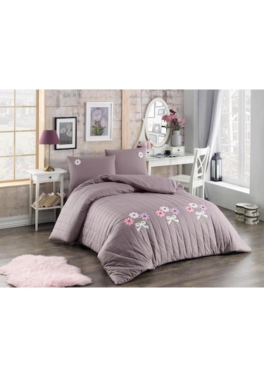 Fulya Çift Kişilik Nakışlı 4 Mevsim Kapitone Nevresim Seti Leylak