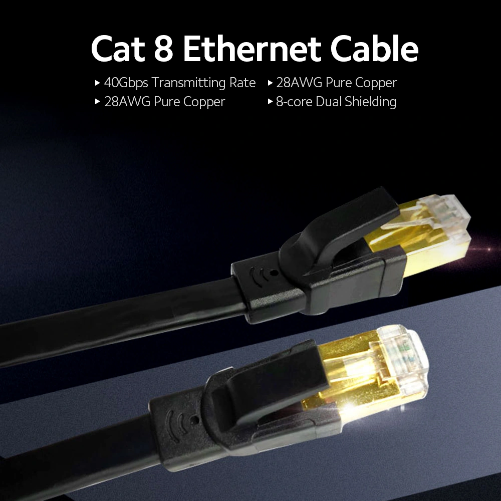 Qingmipy Cat8 Ethernet Kablosu 40gbps 2000mhz - 8 Çekirdekli Saf Bakır, Çift Koruma, Altın Kaplı Arabirim, Siyah 1m