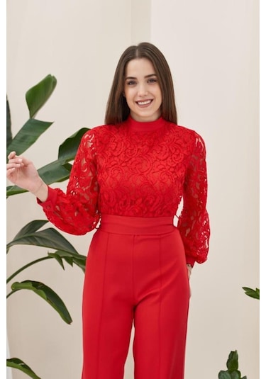 Ahes Shopping Kırmızı Üstü Dantel Tulum Kırmızı