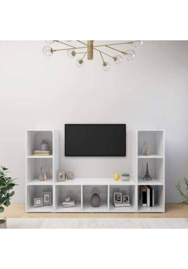 Nehir Kitaplıklı Televizyon Sehpası Ünitesi Kitaplık Beyaz 150 Cm 9 Raflı Beyaz