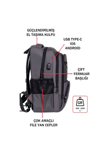 Dada 04 Gri Laptop Sırt Çantası 14-15,6 İnç Usb Aparat Ortopedik Sırt  Darbe Emici Koruma