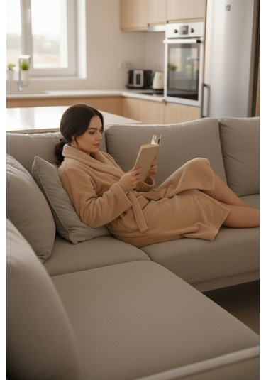 Lumor Şal Yaka Wellsoft Peluş Yumuşak Sabahlık Bej Bej