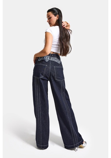 Itsbasic Kadın İndigo Selvedge 7s6-50 Süper Baggy Fit Nakışlı Tasarım Denim Jean