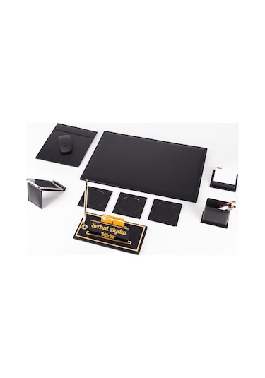 Optima 9 Parça Siyah Deri Sümen Seti Takımı Gold Kalem Ofis Masa İsimliği Kalite Masa Sümeni İsimlik