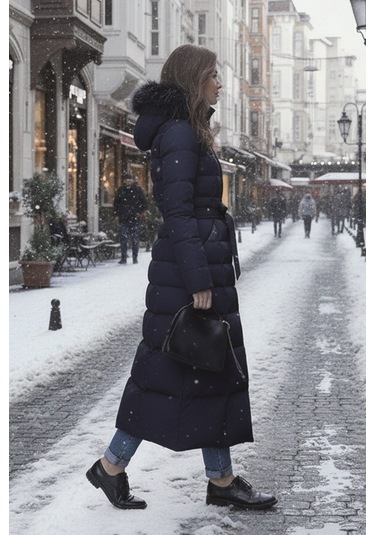 Günlük Kışlık Tam Boy Şişme Kadın Mont Lacivert