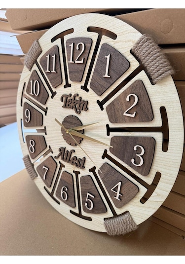 Kişiye Özel İsimli Ahşap Dekoratif Halatlı Duvar Saati ÇOk Renkli