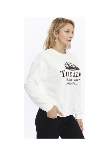 Gidia Kadife The Alps Desenli Ekru Yumuşak Dokulu Regular Fit Bisiklet Yaka Kadın Sweatshirt Ekru