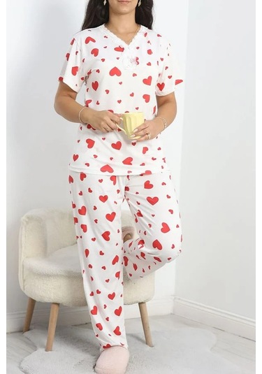 Seka Yaka Dantelli Büyük Beden Pijama Takımı Beyazkırmızı - 50386.1050. Çok Renkli