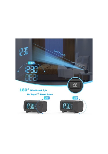 Hymark Mavi Projeksiyonlu Çalar Saat Fm Radyo Dijital Saat Usb Şarj Sıcaklık 4 Seviye Parlaklık Siyah