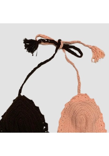 Uretti - Aslı 5776 - El Yapımı Pembe - Kahverengi Crop Top Kahverengi - Pembe