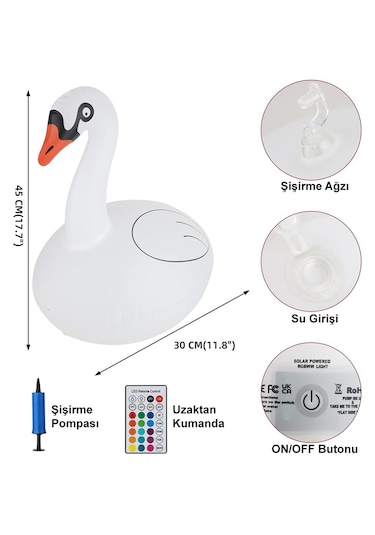 Greentech Güneş Enerjili Renk Değiştiren Led’li Şişme Kuğu / GT-SL24