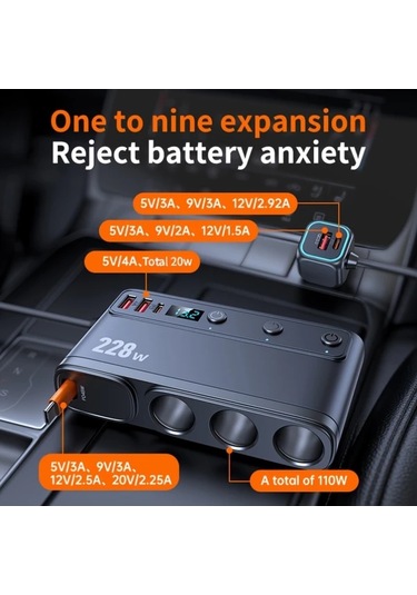 Fochsia Siyah 228w 9 İn 1 Hızlı Araba Şarj Cihazı Ekran Göstergeli Qc Pd 3.0 Bağımsız Anahtar Tüm Araçlar İçin