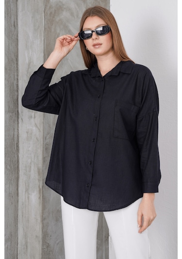 Paw Garage Kadın London Keten Tek Cepli Oversize Gömlek, Premium Kalite Keten Gömlek Siyah