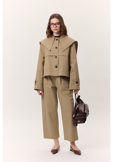 Geniş Yaka Gabardin Ceket Kum Kum