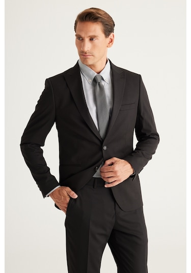 AC&Co / Altınyıldız Classics ERKEK SIYAH Ekstra Slim Fit Dar Kesim Kırlangıç Yaka Takım Elbise Siyah