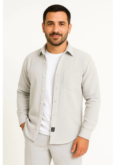 Erkek Fitilli Kadife Cepli Gömlek Oversize Rahat Kalıp - Gri Gri