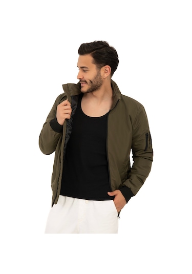 Riverstorm Erkek Haki İçi Astarlı Dik Yaka Mevsimlik Cepli Su Ve Rüzgar Geçirmez Yağmurluk Haki