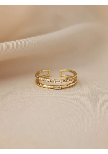 İki Sıralı Zirkon Taşlı Ayarlanabilir Gold Altın Renkli Yüzük Gold