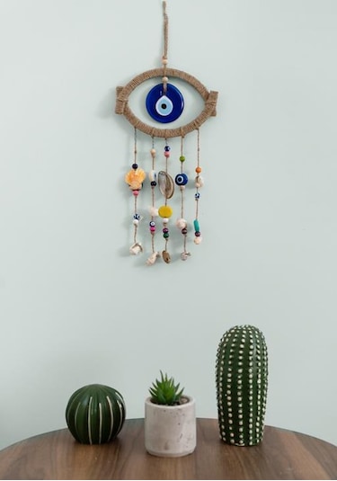Nazar Boncuklu Hasır Deniz Kabuklu Kötü Göz Kovucu Duvar Süsü Rüz Mavi