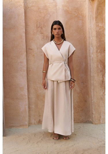 Fiametta Salaş Taş Keten Yelek Etek Takım Taş