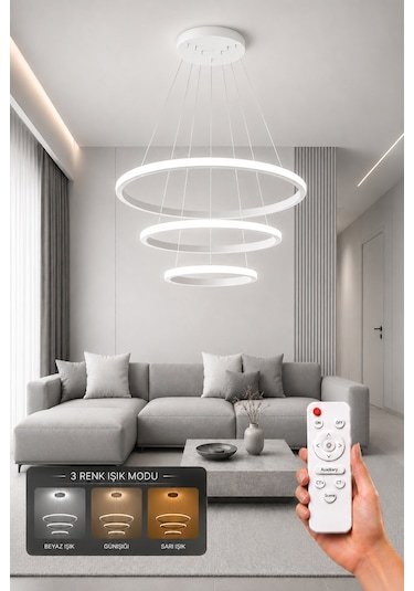Rizon 3 Lü Led Sarkıt Avize 3 Renk Kumandalı Beyaz