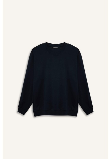 Defacto Boxy Fıt Bisiklet Yaka Pike Sweatshirt H1001ax26spnv64 Lacivert-nv64
