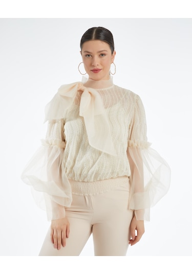 Desenli Transparan Kadın Bluz - Fiyonk Detaylı - Balon Kollu - Modern Ve Şık Tasarım - Özel Gün Ve Davet İçin Bluz Pudra