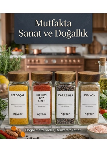 Bambu Kapaklı Standlı 4'lü Cam Baharatlık Seti 120 Ml Kare Tasarımlı Ahşap - Şeffaf
