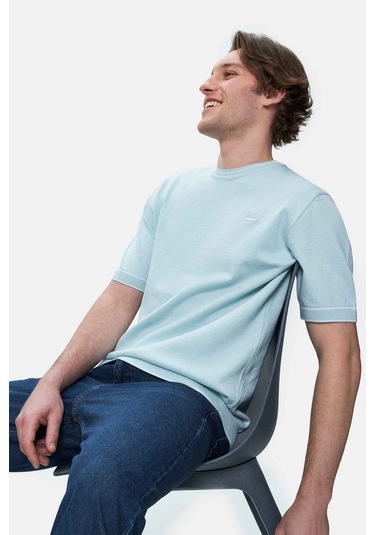 Fared Gök Mavi Bisiklet Yaka Triko Nakışlı Standard Fit Erkek Tshirt Gök Mavi