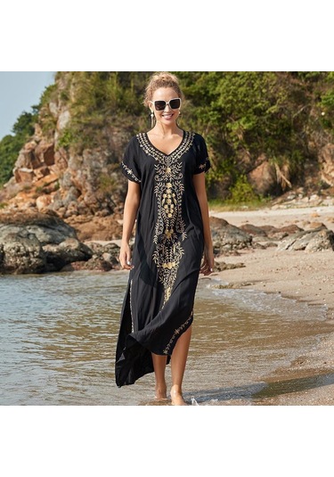 Siyah Edolynsa Nakış Plaj Cover Up Saida De Praia Mayo Kadın Bikini Cover Up Tunikler Plaj Pareo Sarong Beachwear Q790 Siyah