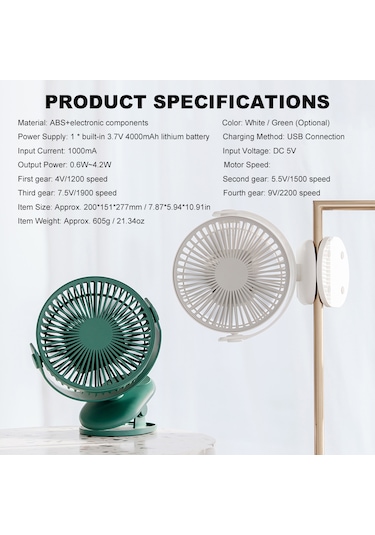 Springsun Klipsli & Masaüstü Fan 4000mah Usb Şarj 720 Döner, 4 Hız Seviyesi Sessiz Ev/ofis/yurt Beyaz