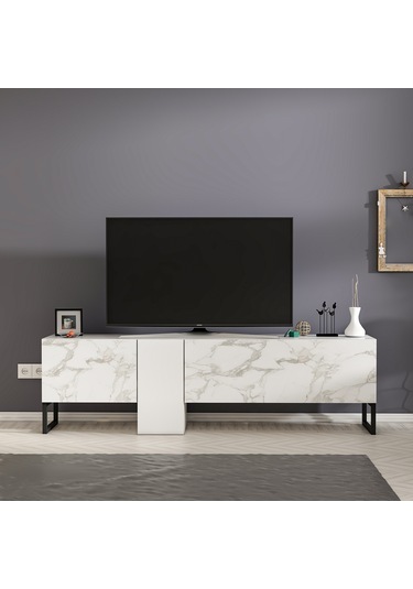 T0016 Kapaklı, Metal Ayaklı, Tv Sehpası, Tv Ünitesi - Beyaz/beyaz Mermer Beyaz/beyaz Mermer