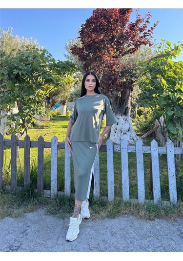 Haki Pamuk Yandan Çizgili Midi Takım Haki