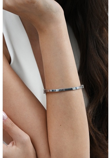 925 Ayar Gümüş Çivi Deseni Bilezik Barcode Rose Gold - Gümüş