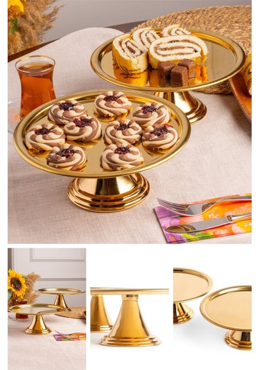 2'li Gold Yuvarlak, Ayaklı Şık Kek, Pasta, Kurabiye Ve Tatlı Servis Sunum Standı Gold