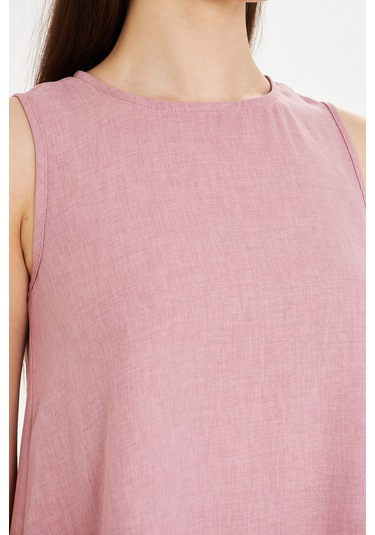 Gül Kurusu Keten Karisimli Yazlık Sifir Kollu Çan Elbise Açık Pembe