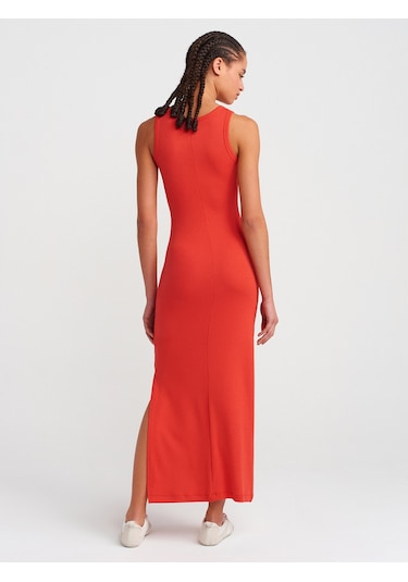 Dilvin 91381 Yırtmaç Detaylı Midi Boy Elbise-kırmızı Kırmızı