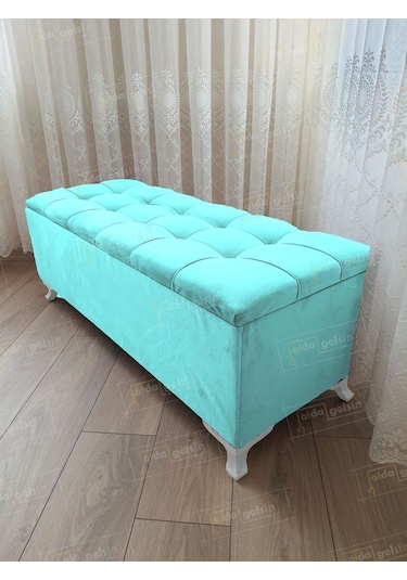 Çizgi Kapitoneli Sandıklı Puf 100 Cm Beyaz Ayak Turkuaz